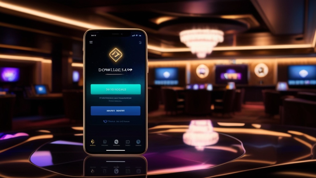 Smartphone met downloadscherm in een donkere casino-omgeving