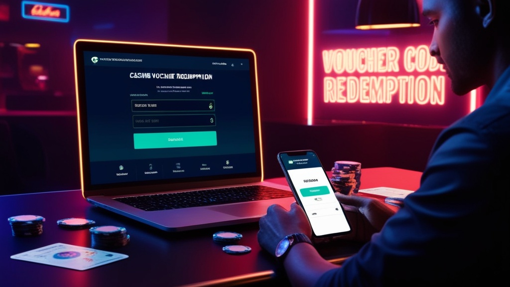 Vouchercode invoeren in een casino-cashier op laptop en telefoon.