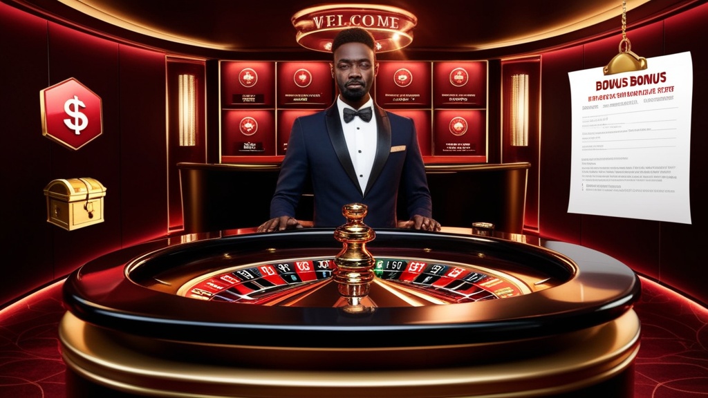 Nieuwe speler bij een welkomstbonus met bonuschest en voorwaarden in een donker casino.