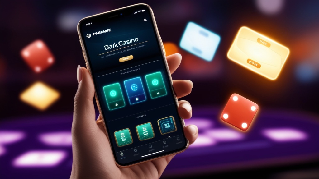 Mobiele appinterface met speloverzicht in een donkere casino-omgeving